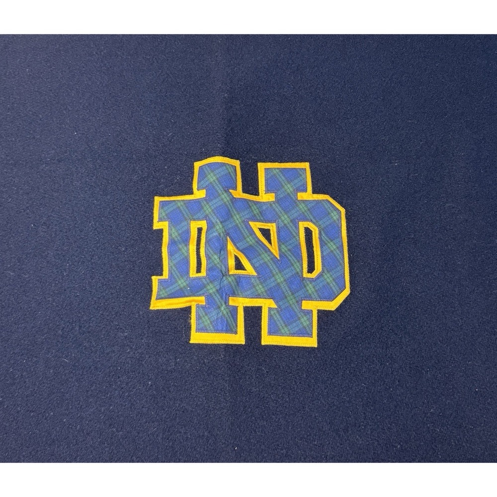 Vtg NOTRE DAME Wool Stadium Blanket Blue Fighting Irish Plaid Patch Sports